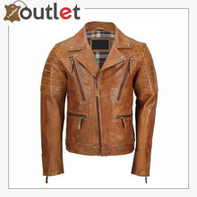 Laden Sie das Bild in den Galerie-Viewer, Men's Tan Sheep Leather Vintage Style Biker Fashion Casual Leather Jacket - Leather Outlet