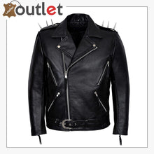 Laden Sie das Bild in den Galerie-Viewer, Mens Black Metal Spikes Motorcycle Cowhide Leather Jacket