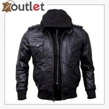 Laden Sie das Bild in den Galerie-Viewer, Mens Genuine Black Hooded Bomber Leather Jacket - Leather Outlet