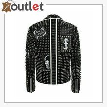 Laden Sie das Bild in den Galerie-Viewer, Mens Punk Biker Full Black Studded Embroidery Patches Leather Jacket - Leather Outlet