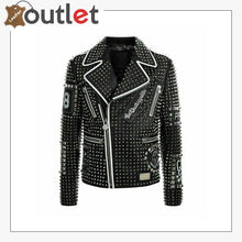 Laden Sie das Bild in den Galerie-Viewer, Mens Punk Biker Full Black Studded Embroidery Patches Leather Jacket - Leather Outlet
