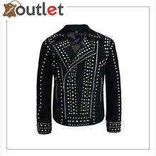 Laden Sie das Bild in den Galerie-Viewer, Mens Rivet Studded Biker Motorcycle Suede Leather Jacket - Leather Outlet