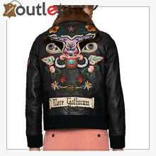 Load image into Gallery viewer, Mens Shearling Leather Bomber Jacket with Embroidery - Leather Outlet