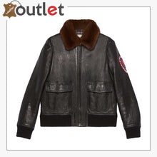 Load image into Gallery viewer, Mens Shearling Leather Bomber Jacket with Embroidery - Leather Outlet