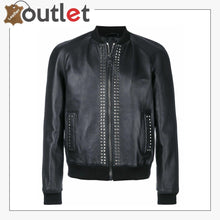 Laden Sie das Bild in den Galerie-Viewer, Mens Studded Bomber Biker Motorcycle Retro Cafe Racer Black Leather Jacket