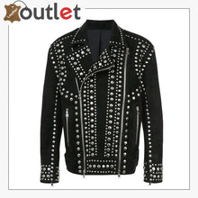 Laden Sie das Bild in den Galerie-Viewer, Mens Studded Punk Black Suede Leather Jacket