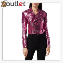 Laden Sie das Bild in den Galerie-Viewer, Pink Metallic Studded Biker Jacket
