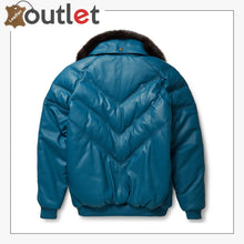 Laden Sie das Bild in den Galerie-Viewer, Real Quality Fur Teal Leather V Bomber Jacket