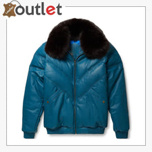 Laden Sie das Bild in den Galerie-Viewer, Real Quality Fur Teal Leather V Bomber Jacket