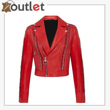 Laden Sie das Bild in den Galerie-Viewer, Red Perfecto Crystal Work Biker Jacket