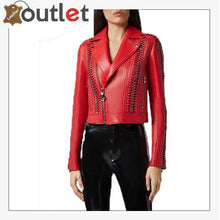 Laden Sie das Bild in den Galerie-Viewer, Red Perfecto Crystal Work Biker Jacket