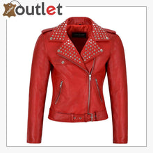 Laden Sie das Bild in den Galerie-Viewer, Red Studded Rock Chic Biker Motorcycle Style Leather Jacket