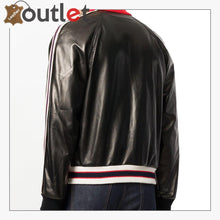 Laden Sie das Bild in den Galerie-Viewer, Stripe Trim Womens Leather Bomber Jacket - Leather Outlet
