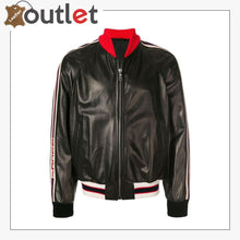 Laden Sie das Bild in den Galerie-Viewer, Stripe Trim Womens Leather Bomber Jacket - Leather Outlet