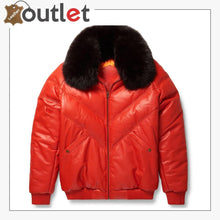 Laden Sie das Bild in den Galerie-Viewer, Top Saller Orange Leather V Bomber Jacket for Mens