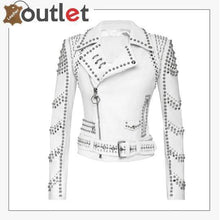 Laden Sie das Bild in den Galerie-Viewer, White Lambskin Perfecto Spike-Stud Biker Jacket