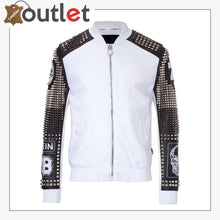 Laden Sie das Bild in den Galerie-Viewer, White Styles Silver Studded Embroidery Patches Punk Leather Jacket