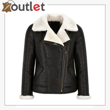 Laden Sie das Bild in den Galerie-Viewer, Women Sheepskin Jacket White Real Shearling Fur Pilot Warm Bomber Jacket - Leather Outlet