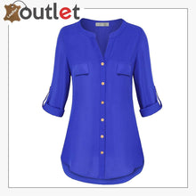 Laden Sie das Bild in den Galerie-Viewer, Womens Notch V-Neck Tab Sleeve Button Leather Shirt
