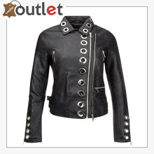 Laden Sie das Bild in den Galerie-Viewer, Womens Real Black Leather Studded Eyelet Jacket