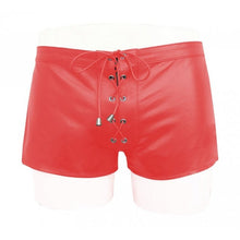Laden Sie das Bild in den Galerie-Viewer, Custom Made Lace Up Style Red Leather Shorts for Men Leather Outlet