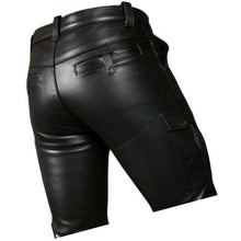 Laden Sie das Bild in den Galerie-Viewer, Double Front Zipper Real Sheepskin Black Leather Cargo Shorts For Men Leather Outlet