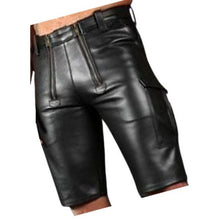 Laden Sie das Bild in den Galerie-Viewer, Double Front Zipper Real Sheepskin Black Leather Cargo Shorts For Men Leather Outlet