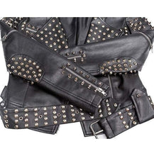 Laden Sie das Bild in den Galerie-Viewer, Handmade Women Black Punk Silver Spiked Studded Leather Biker Jacket - Leather Outlet