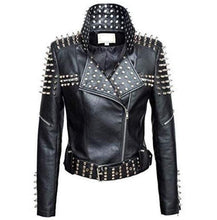 Laden Sie das Bild in den Galerie-Viewer, Handmade Women Black Punk Silver Spiked Studded Leather Biker Jacket - Leather Outlet