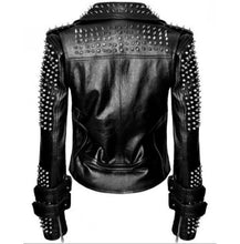 Laden Sie das Bild in den Galerie-Viewer, Handmade Women Black Punk Silver Spiked Studded Leather Biker Jacket - Leather Outlet