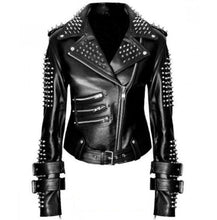 Laden Sie das Bild in den Galerie-Viewer, Handmade Women Black Punk Silver Spiked Studded Leather Biker Jacket - Leather Outlet