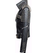 Laden Sie das Bild in den Galerie-Viewer, Handmade Women Black Punk Silver Spiked Studded Leather Biker Jacket - Leather Outlet