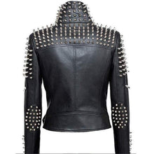 Laden Sie das Bild in den Galerie-Viewer, Handmade Women Black Punk Silver Spiked Studded Leather Biker Jacket - Leather Outlet