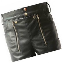 Laden Sie das Bild in den Galerie-Viewer, Men Double Zipper Snap Button Front Real Sheepskin Black Leather Shorts Leather Outlet