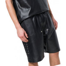 Load image into Gallery viewer, Men Side Lace-Up Basketball Real Sheepskin Black Leather Shorts Leather Outlet