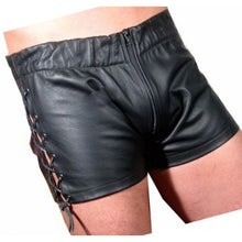 Load image into Gallery viewer, Men Side Lace Up Sexy Real Sheepskin Black Leather Shorts Leather Outlet