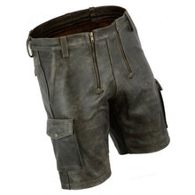 Laden Sie das Bild in den Galerie-Viewer, Mens Double Front Zipper Antique Leather Cargo Shorts Leather Outlet