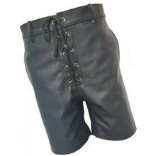 Laden Sie das Bild in den Galerie-Viewer, Mens Front Lace Up Real Sheepskin Black Leather Shorts Leather Outlet