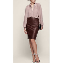 Laden Sie das Bild in den Galerie-Viewer, Stretch Panel Brown Leather Body-con Pencil Skirt for Women Leather Outlet