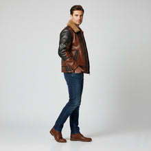 Load image into Gallery viewer, Men’s Two-Tone Leather Bomber Jacket – Tan &amp; Black Flight Style
