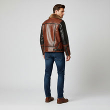 Load image into Gallery viewer, Men’s Two-Tone Leather Bomber Jacket – Tan &amp; Black Flight Style
