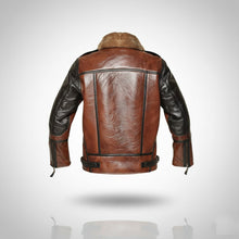 Load image into Gallery viewer, Men’s Two-Tone Leather Bomber Jacket – Tan &amp; Black Flight Style
