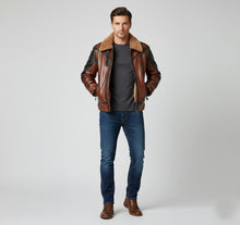 Load image into Gallery viewer, Men’s Two-Tone Leather Bomber Jacket – Tan &amp; Black Flight Style
