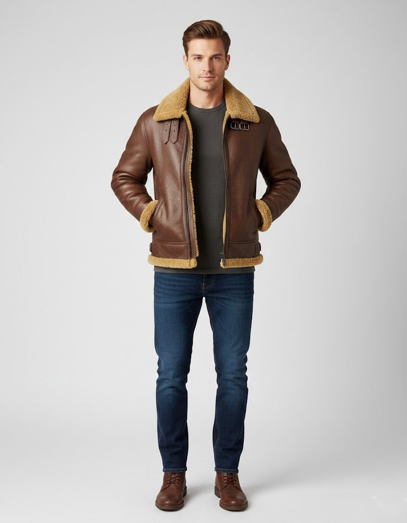 Arktische Expeditions-Lederbomberjacke – Pilotenmantel aus Lammfell