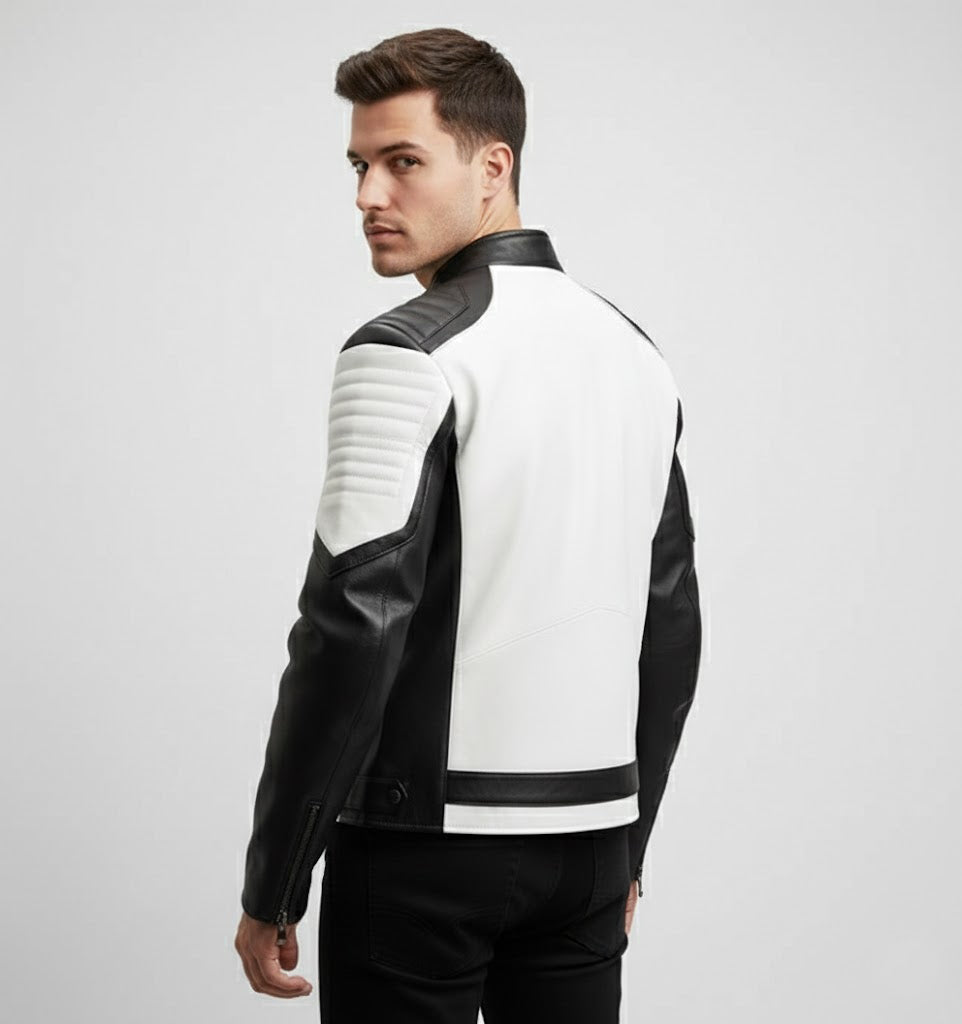 Herren zweifarbige Cafe Racer Lederjacke – Schwarz-weißer Moto-Stil