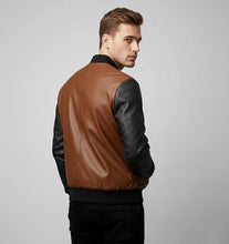 Load image into Gallery viewer, Men’s Tri-Color Leather Bomber Jacket – Real Varsity Style
