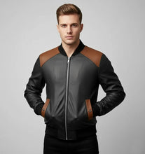 Load image into Gallery viewer, Men’s Tri-Color Leather Bomber Jacket – Real Varsity Style
