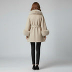 Luxury Beige Cashmere Fur Trim Poncho Cape