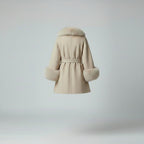 Luxury Beige Cashmere Fur Trim Poncho Cape
