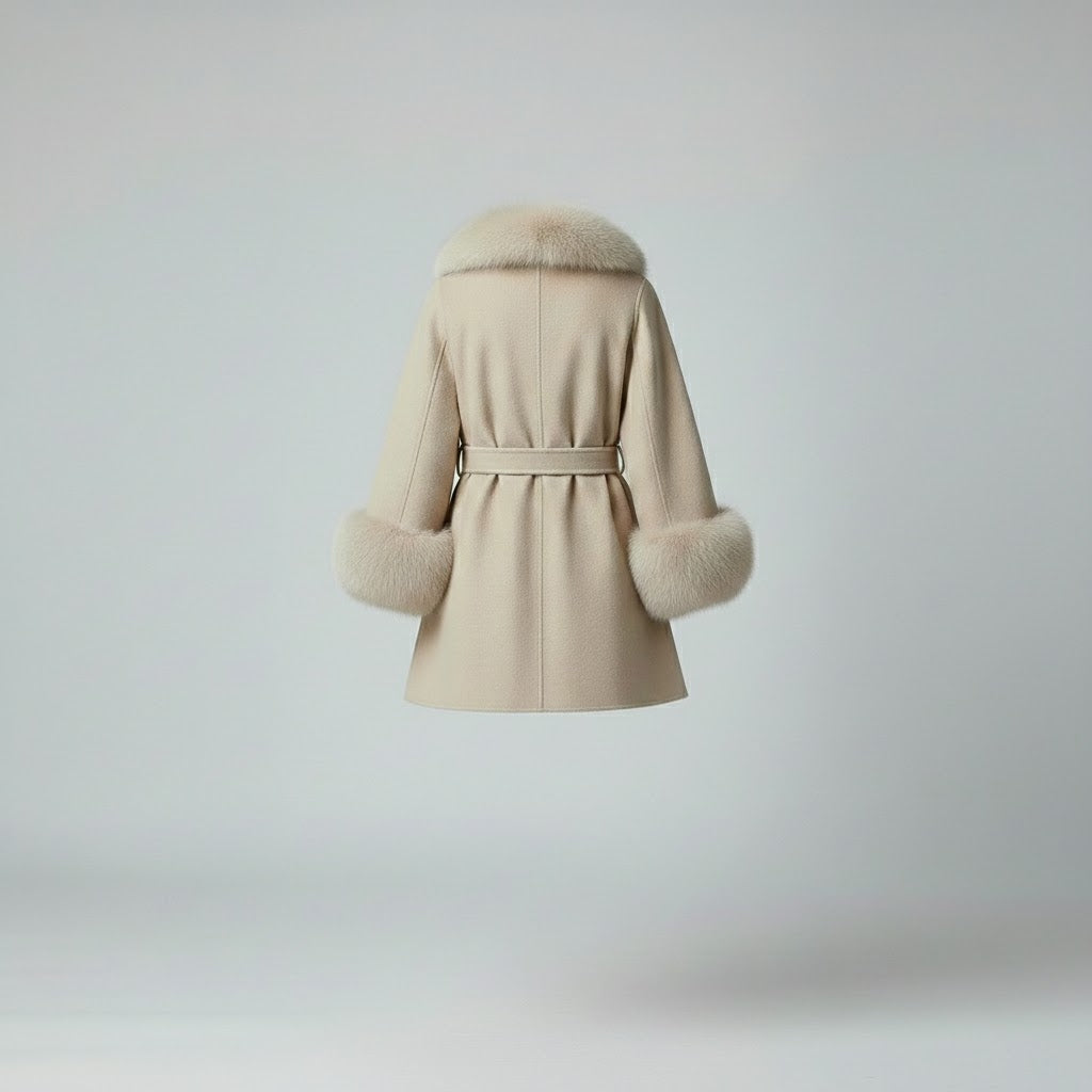 Luxury Beige Cashmere Fur Trim Poncho Cape